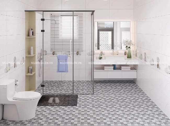 Bề mặt sáng nhẹ của mẫu gạch Catalan 40020 mang đến sự sạch sẽ và thoáng đãng cho không gian phòng tắm.
