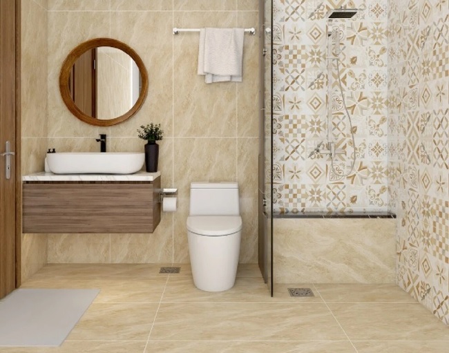 Nhà tắm nhỏ lát gạch Prime màu sáng kích thước 30x30 tạo cảm giác gọn gàng và rộng rãi.