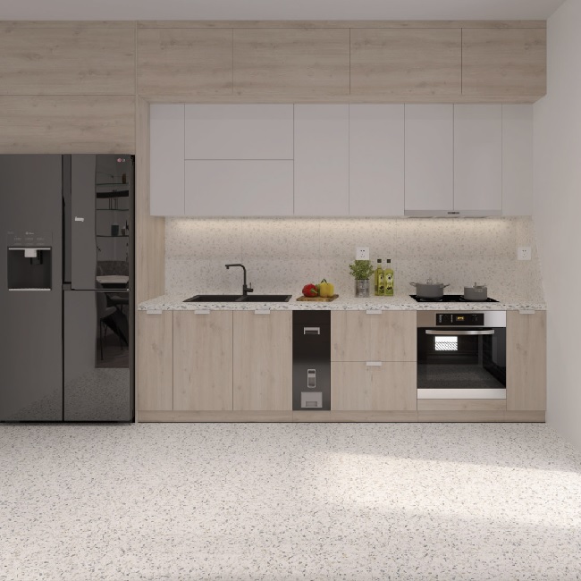 Khu vực bếp sử dụng gạch terrazzo 300x600 tông kem ốp tường