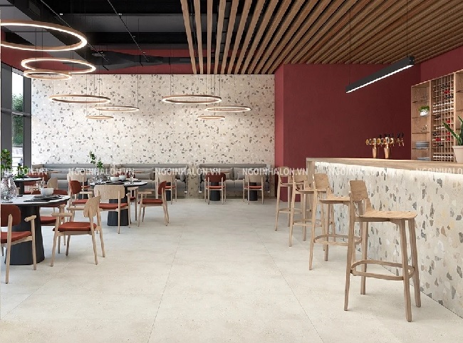 Quán cà phê phong cách tối giản sử dụng gạch terrazzo 300x600 ốp tường màu xám nhạt