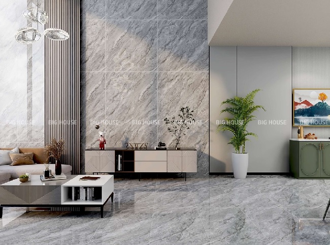 Phòng khách sang trọng với gạch 60x120 vân đá xám.