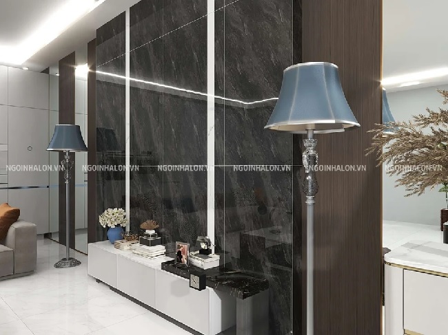 Gạch ốp tường phòng khách 60x120 được ốp sau vị trí tivi